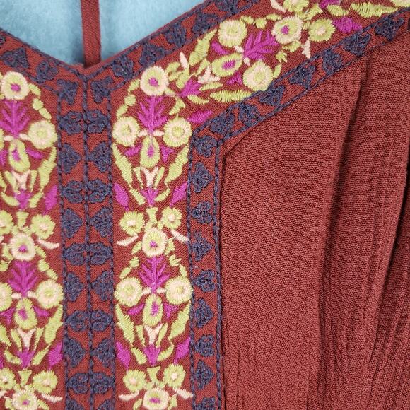 Maurices Size XS Strappy Back Mini Dress Burnt Orange Embroidered Trim Boho Fall - Picture 2 of 11